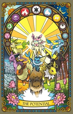 an image of pokemon characters in front of a stained glass window with the sun shining behind them