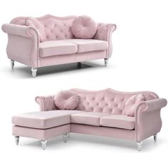 two pink couches sitting next to each other