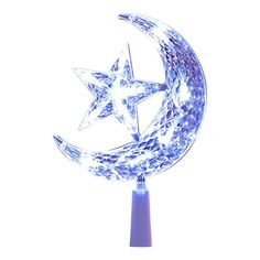 a blue and white light up moon and star on a pole with a purple base