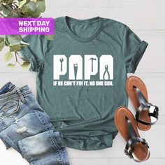 "Funny Papa Birthday Shirt, Papa Tools Shirt,Fixer Of Things Shirt,Father's Day Shirt,Gift For Papa,Papa Can Fix It Tool Box Shirt,Papa Shirt Welcome to LunaTeeApparel ☺️ Our shirts are clean, high quality and soft. It is prepared quickly by our boutique Ironing and shipped. Enjoy your shopping It is a pleasure for us to help you with your questions and you can reach us at any time. Please, don't forget to check our size cards. HOW TO ORDER SHIRT 👕 Please, choose your favorite t-shirt color and Papa Tshirt Ideas, Papa Shirts Vinyl, Casual Tops With Funny Print For Father's Day, Father's Day Green Graphic Print Shirt, Papa Shirts Ideas, Papa Birthday, Tool Shirt, Gift For Papa, Cricut Shirts