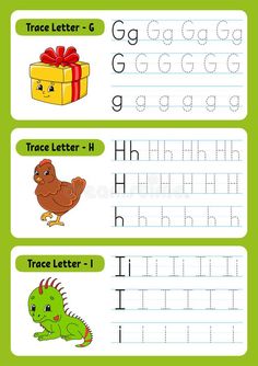 trace letter g worksheet for children with cartoon animals and letters to write them