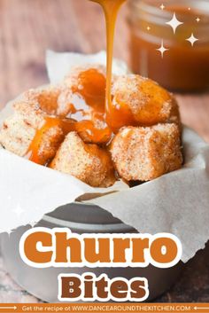 churro bites are being drizzled with caramel sauce