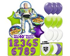 the birthday balloon package includes balloons, heliums and an image of buzz lightyear from toy story