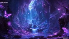 an image of a waterfall in the middle of a cave with purple and blue lights