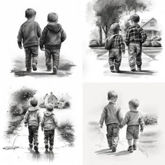 four black and white drawings of children walking down the street with their hands in each other's pockets