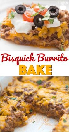 a close up of a slice of pizza with olives on top and the words bisquick burrito bake above it