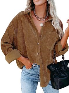 trendy fall outfits 2021 Corduroy Blouse, Drop Shoulder Shirt, Oversized Blouse, Versatile Outfits, Turndown Collar, Loose Blouse, Collar Top, 가을 패션, Outfit Casual