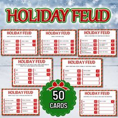 a holiday reward card with the words 50 cards in red and green