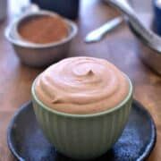 a chocolate cupcake on a plate with other desserts in the background