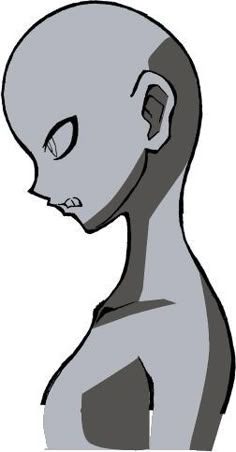 an alien is standing with its head turned to the side and eyes closed, looking at something