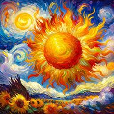 an oil painting of the sun and clouds