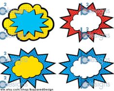 an assortment of comic style speech bubbles on a white background with halftoned shapes