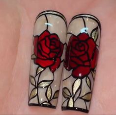 Nail Manicure Designs Floral Nail Decals, Grunge Nail Art Designs, Goth Flower Nails, Acrylic Nails With Roses, Rose Acrylic Nails Design, Stain Glass Nail Art, Goth Valentines Nails, Vintage Nail Designs, Complex Nail Designs