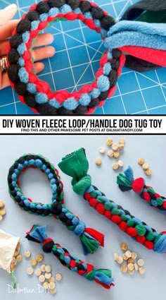 two pictures showing how to make handmade dog toys