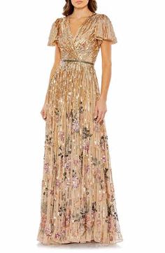 Mac Duggal Sequin Cutout Gown | Nordstrom Midi Gowns, Gold Gown, Sleeve Gown, Mob Dresses, Tulle Gown, Dreamy Dress