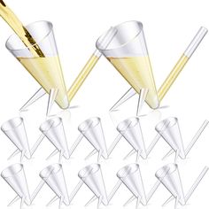 champagne being poured into glasses with straws on white background, set of 12 pieces