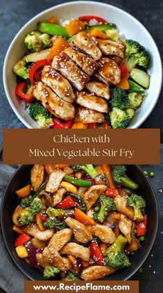 chicken with mixed vegetable stir fry in a bowl