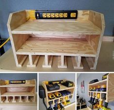 the workbench is made out of plywood and has tools in it for storage