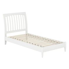 a white bed frame with slatted headboard and foot board on the bottom