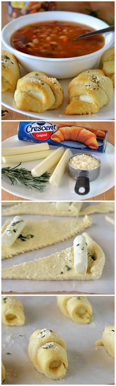 the process of making dumplings with cheese and tomato sauce is shown in three pictures