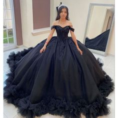 Elegant Black Ball Gown Quinceanera Dress 2023 Off The Shoulder Long Train Sweet 15 16 Yearls Black With Red Roses Quince Dress, Masquerade Ball Sweet 16 Dress, Masquerade Quince Dress, Sweet 16 Cakes Black And Silver, Masquerade Quinceanera Ideas Dresses, Quencinera Dresses Black, All Black Quince Dress, Qencenera Dresses Black, Black And Gold Quinceanera Theme Dress