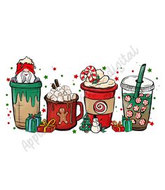 three cups filled with hot chocolate and candy canes next to each other on a white background