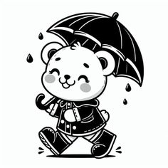 a black and white drawing of a teddy bear holding an umbrella