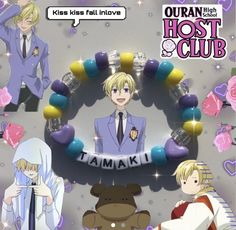 an anime poster with two men in suits and one woman wearing a white dress holding a teddy bear