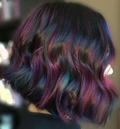 Luv this coloring! Oil Slick Hair Color, Oil Slick Hair, Hidden Hair Color, Rambut Brunette, Rainbow Hair Color, Multi Colored Hair, Girl Haircut, Winter Hair Color