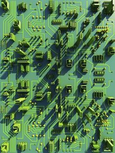 an electronic circuit board with green and yellow colors