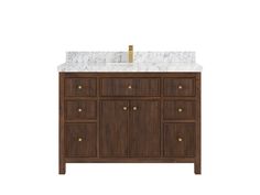 an image of a bathroom vanity with marble top and wooden cabinetry on white background