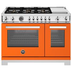 an orange stove with two burners and one oven door is shown in front of a white background