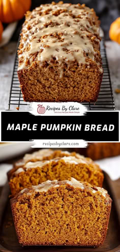 two pictures of pumpkin bread with frosting on top and the same loaf in front