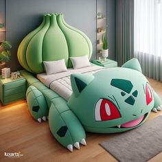 a bedroom with a large green bed in the shape of a pokemon