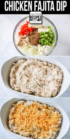 chicken fajita dip recipe in a casserole dish with cheese and vegetables