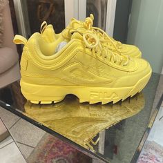 Brand New Fila Disruptor Chunky Leather Dad Sneakers In Yellow Brand New In Box Never Worn Chunky Dad Sneakers, Fila Disruptor Ii, Gold Finch, Shoes Fila, Chunky Platform Sneakers, Fila Disruptor, Fila Disruptors, Skater Shoes, Fila Shoes