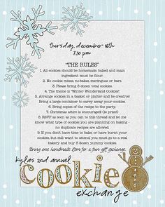 a cookie exchange poem with snowflakes in the background and an image of a gingerbread