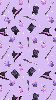 a blue background with purple and black items on it, including books, wands, an ornament, and stars