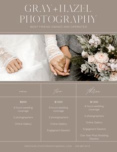 the wedding photography pricing sheet is shown with two hands holding each other's hand