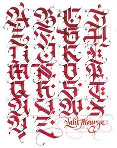 some type of calligraphy that is red and has many different letters in the middle