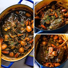 three pictures show the process of making stew with meat and vegetables in a blue pot