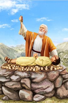 a painting of an old man laying on top of a pile of rocks next to another man