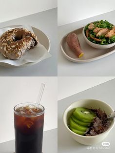 there are four different pictures of food on the plates and in bowls, with drinks