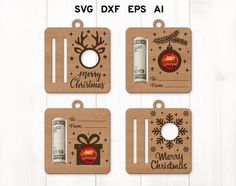 four christmas gift tags with the words merry christmas written on them and an ornament