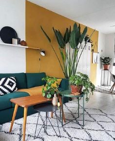 a living room filled with furniture and plants on top of a white carpeted floor