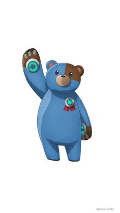 a blue teddy bear with a red bow on it's neck and arms in the air