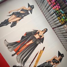 a drawing of a woman in black dress and high heels next to colored crayons