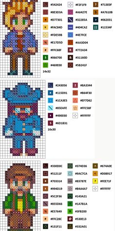 the legend of zelda cross stitch pattern is shown in three different colors and sizes