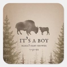 it's a boy baby shower sticker with an image of two buffalo in the woods