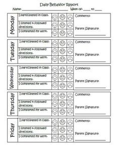 the daily behavior report is shown in black and white, with smiley faces on it